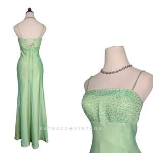 Vintage Betsy Adam Prom Dress Maxi Gown 6 Green Y2K Fairy Babydoll Corset Bead